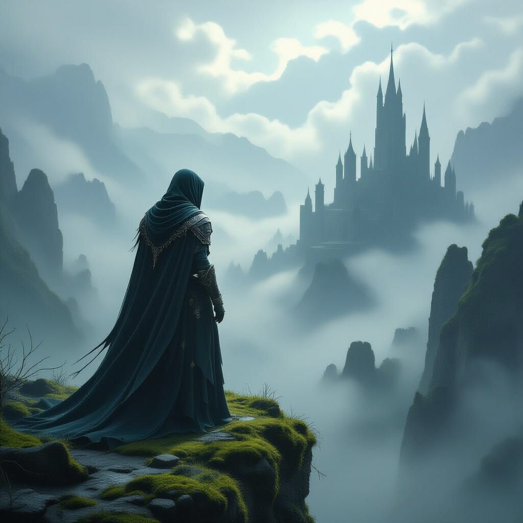 Ancient Elf Contemplates Mist Valley in Dark Fantasy Style