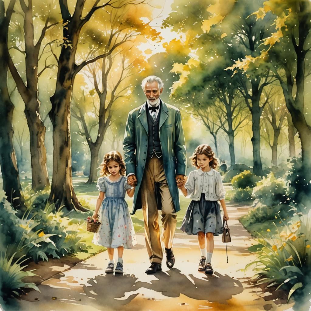 Victorian Family Stroll: Watercolor Illustration in Summer P...