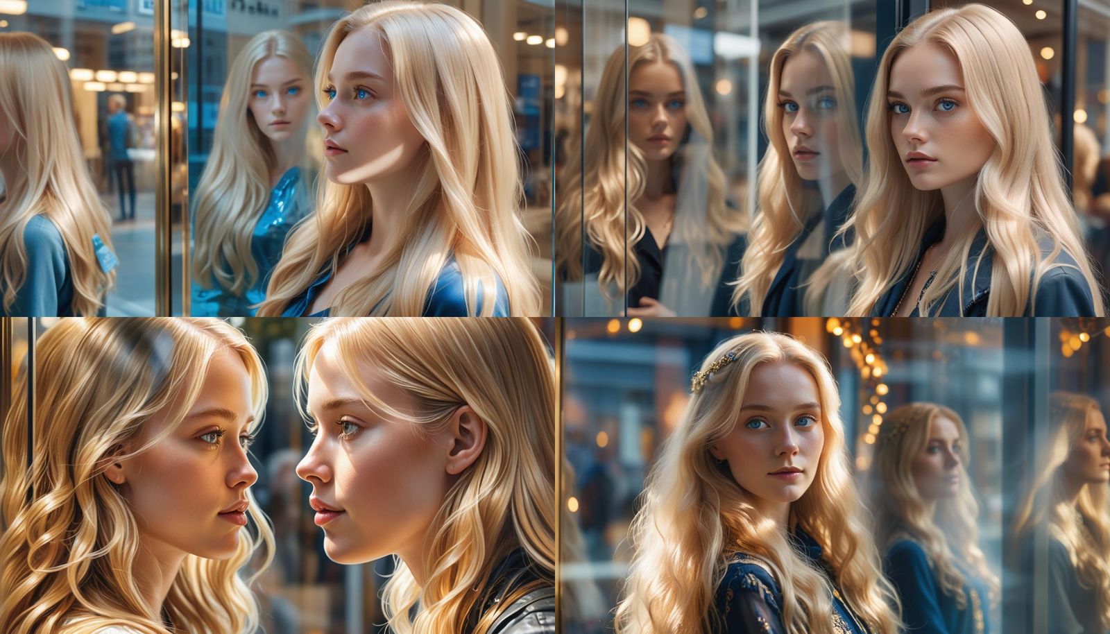 Blonde Woman Gazing at Reflection in Shop Window