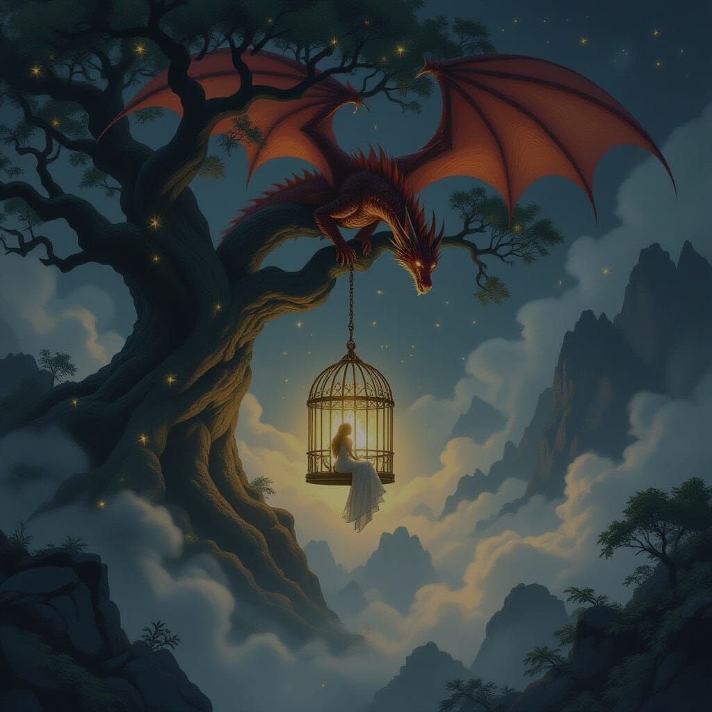 Dragon's Golden Cage: Misty Mountain Landscape