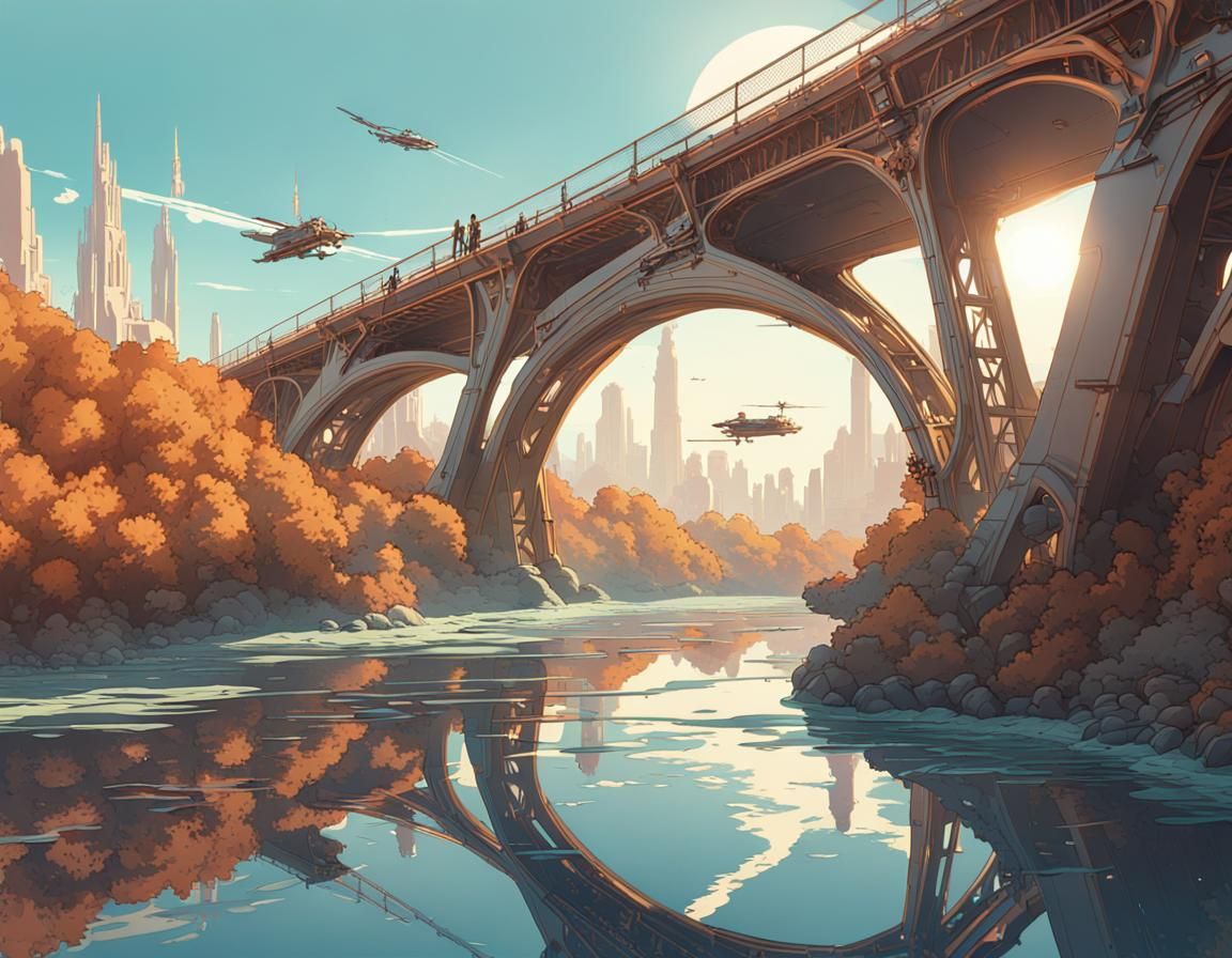 Steampunk Bridge with Flying Vehicles in Tomer Hanuka Style