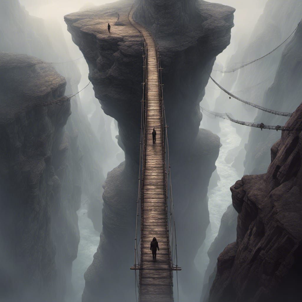 Eerie Rope Bridge Across Misty Canyon in Dark Fantasy