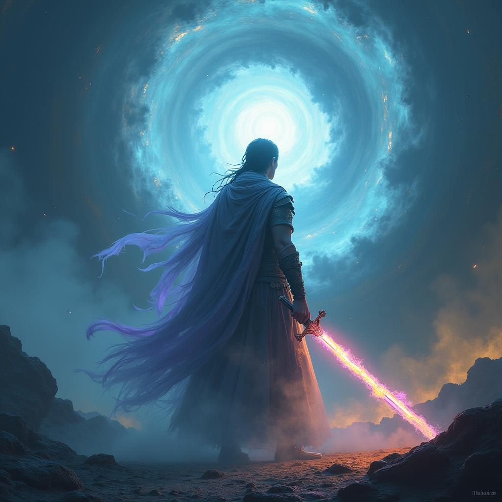 Mystical Warrior with Sword in Cyberpunk Landscape