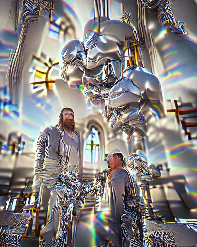 Man and God Meet in Chrome Church, 3D Render