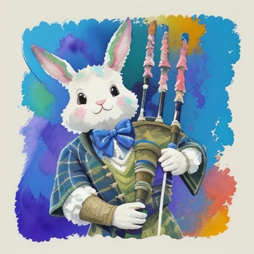 Scottish Bagpiper Bunny in Expressionist Oil Painting