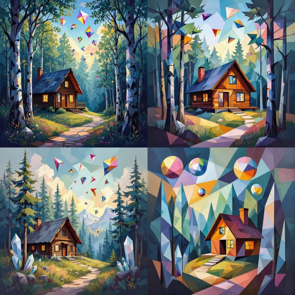 Crystal Trees and Kites Above Cabin in Cubist Style