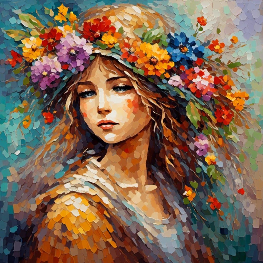 Floral Woman in Expressionist Oil Painting