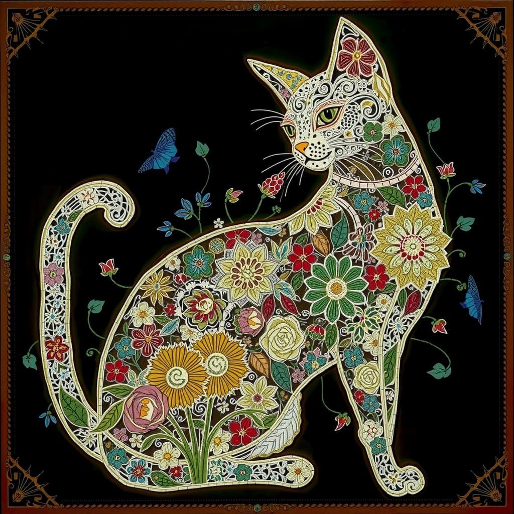 Lace and Paper Cat Inspired by Art Nouveau