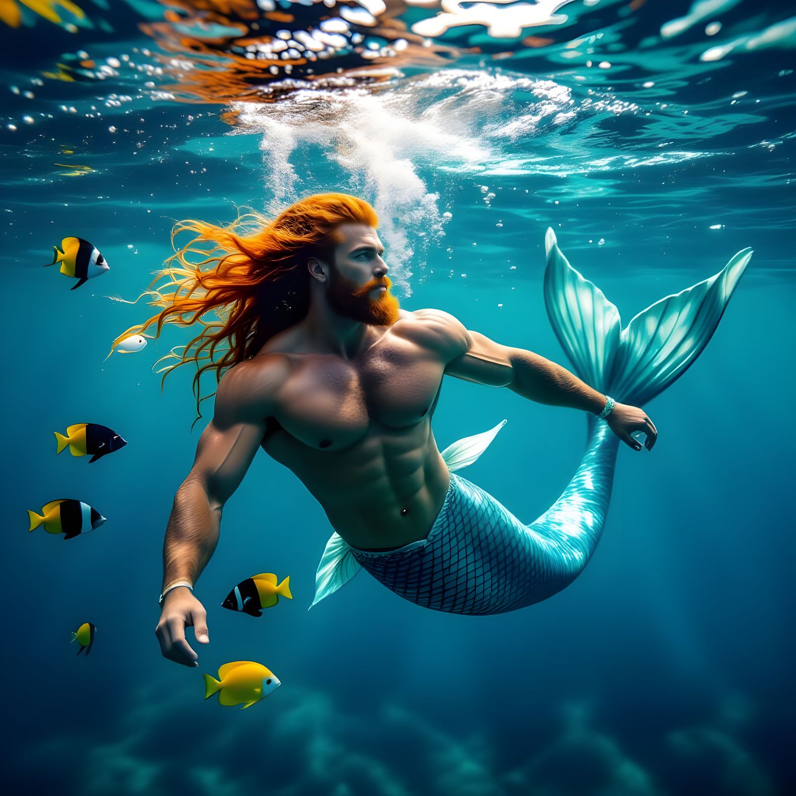 Handsome Red-Haired Merman Undersea Portrait