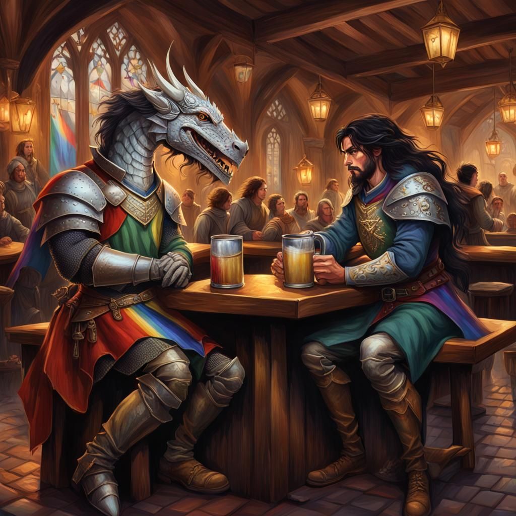 Fantasy Knight and Dragon in Gay Tavern