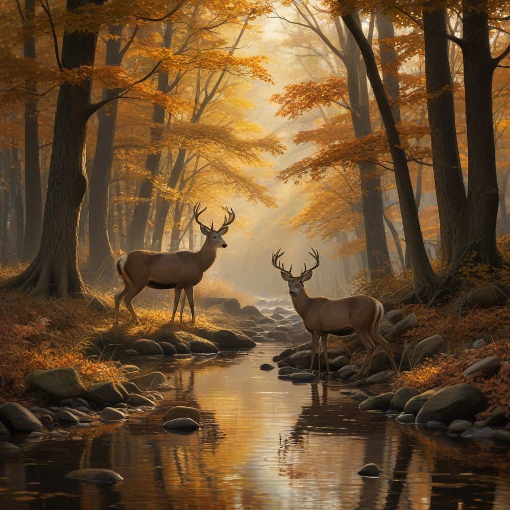 Deer Drinking at Woodland Stream in Autumn