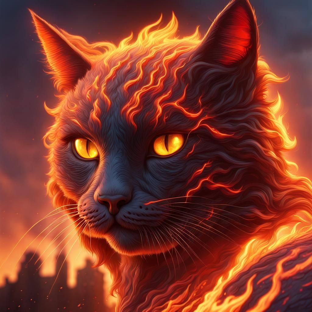 Sunset Fire Cat: Detailed Fantasy Concept Art