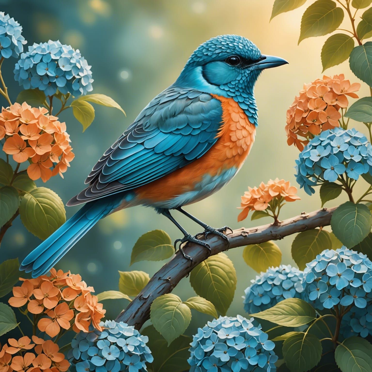 Delicate Teal Bird on Hydrangea Bush