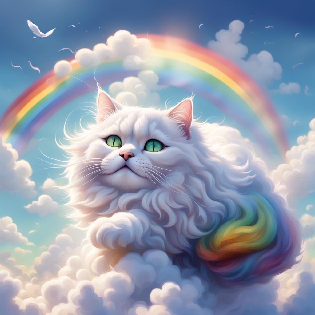 Cloud Cat Pouncing in Azure Sky, Maximalist Painting