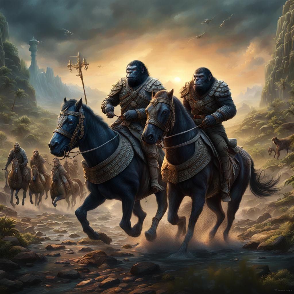 Apes Clash on Horseback: Epic Battle Scene
