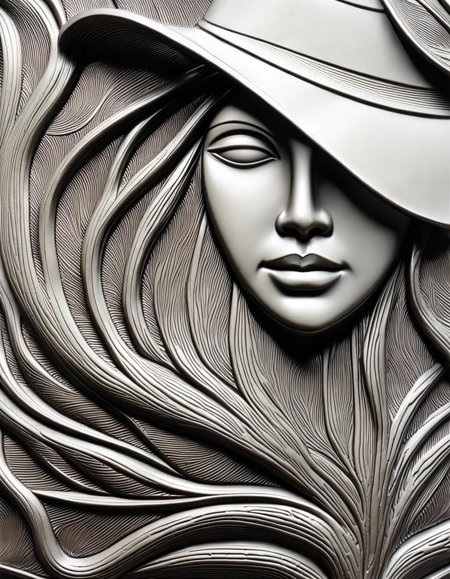 Intricate Wood Carving of Woman with Hat