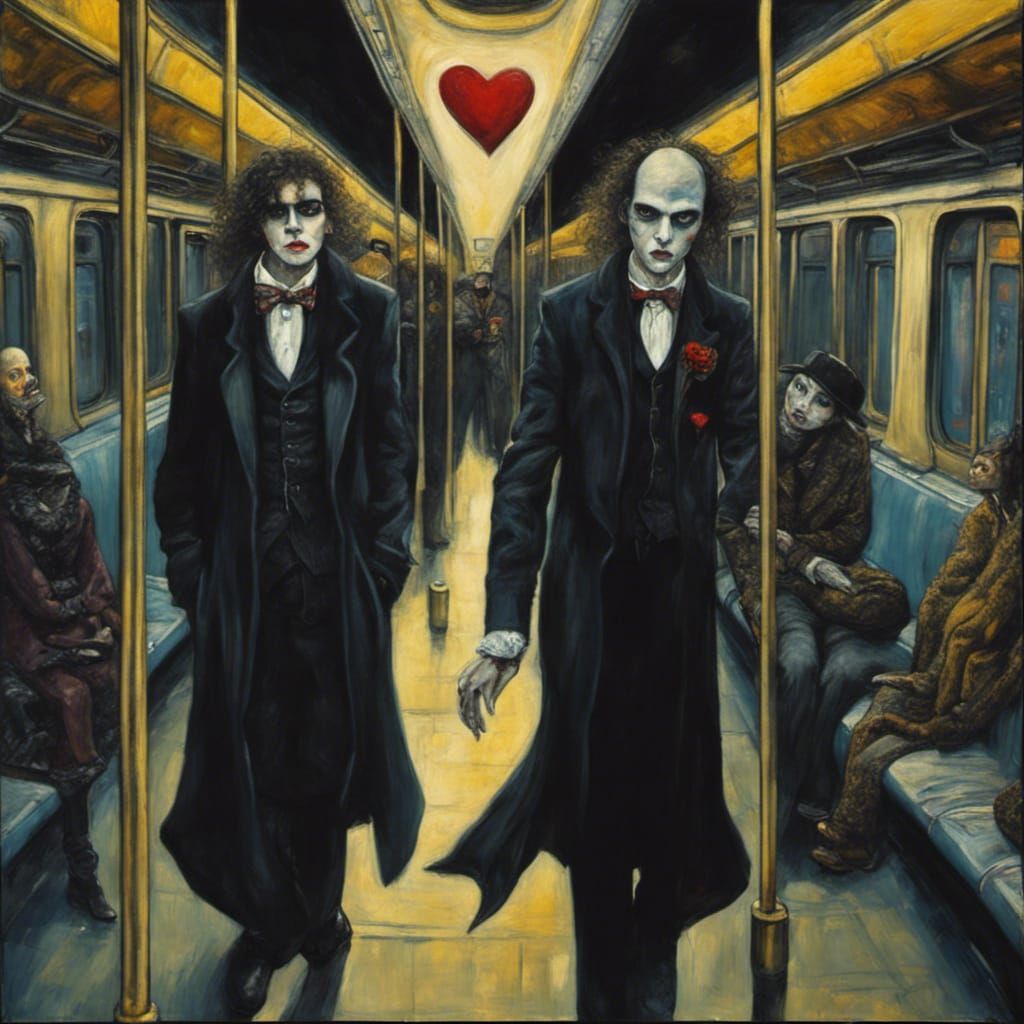Creepy Hooligan Vampires holding beating hearts on the subway in Manhattan in the dark of night with moon and cityscape ...