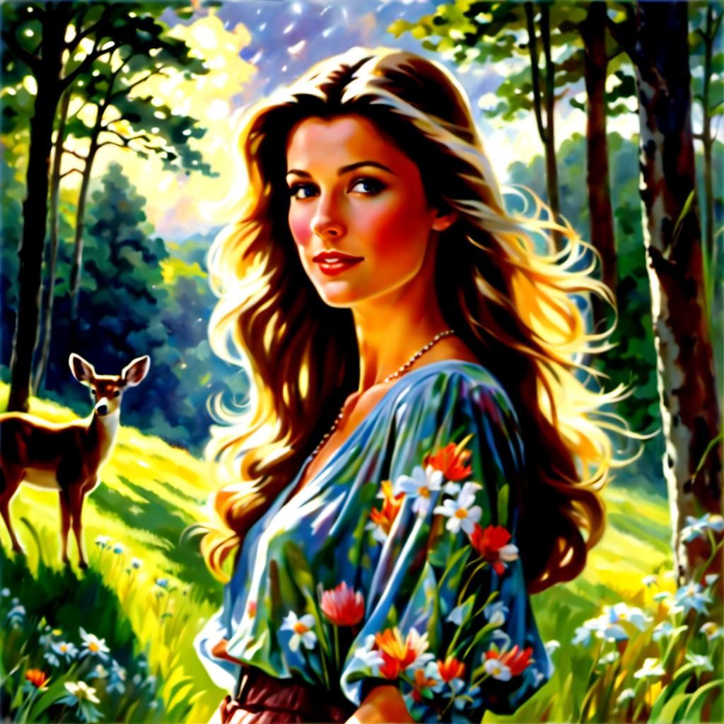 Woman Watching Deer in Forest Clearing
