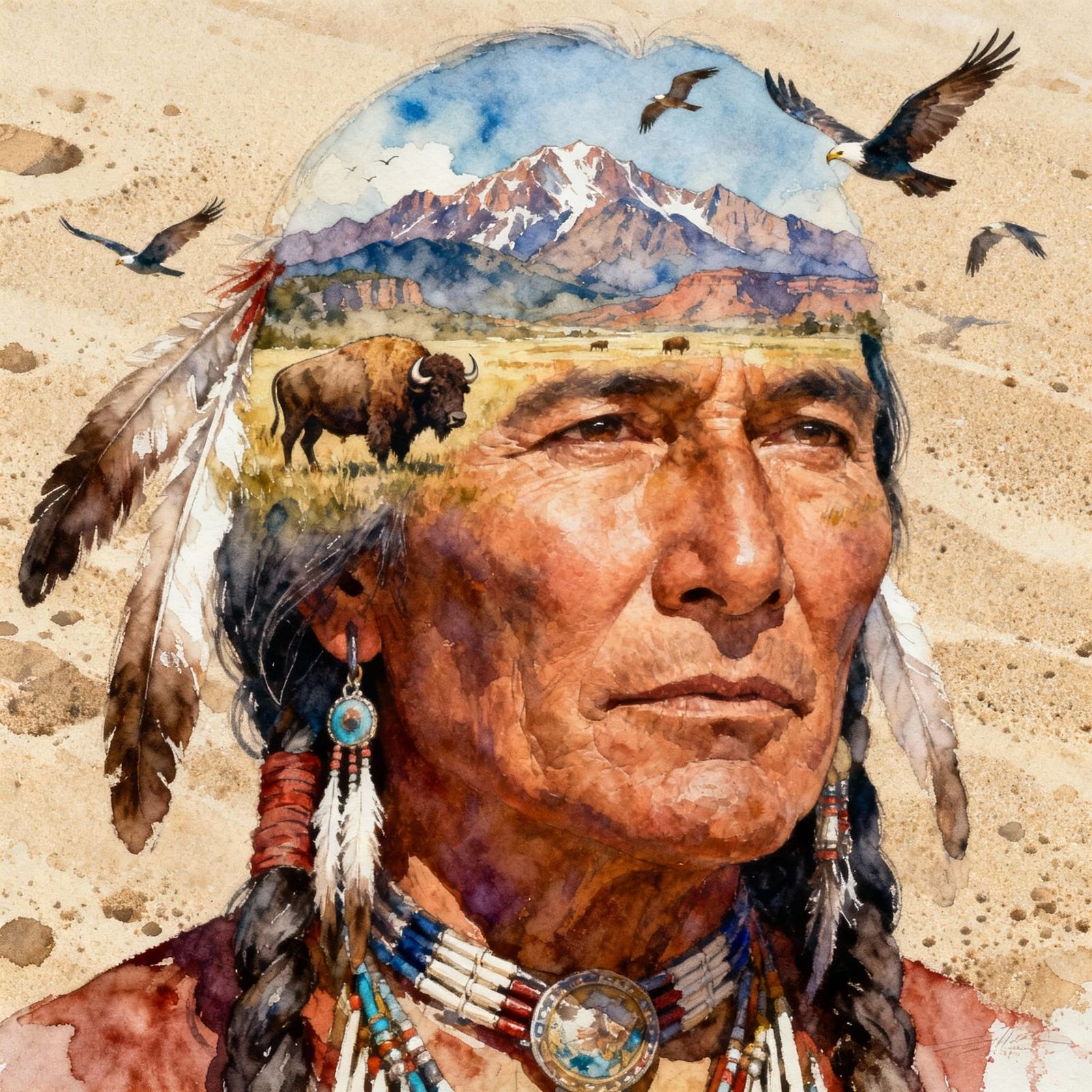 Native American's face, plaines buffalo mountains birds scen...