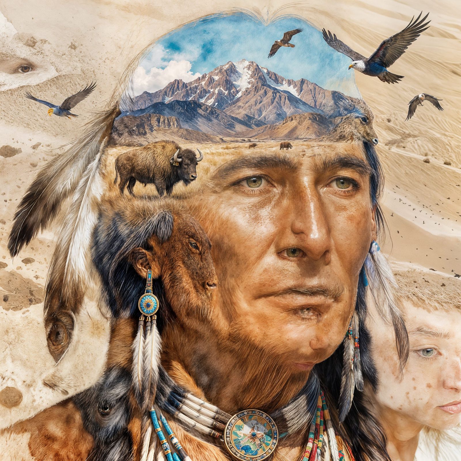 Native American's face, plaines buffalo mountains birds scene inside the face with textured sand background...