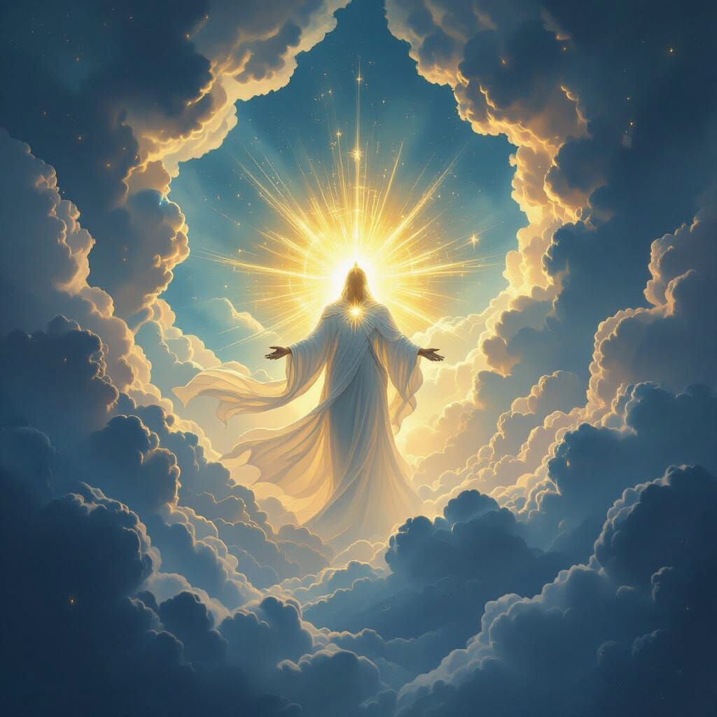 Divine Being Radiating Light Amidst Celestial Clouds