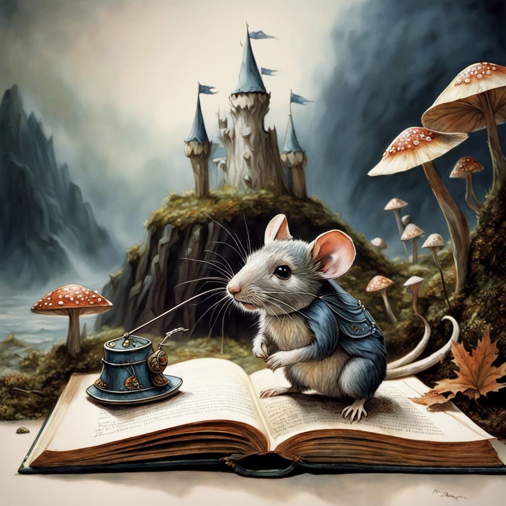 Tiny Mouse Knight Guards Whimsical Castle in Fairytale Fores...