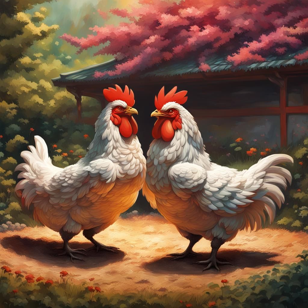 Hyperrealistic Sumo Chickens Battle in Garden