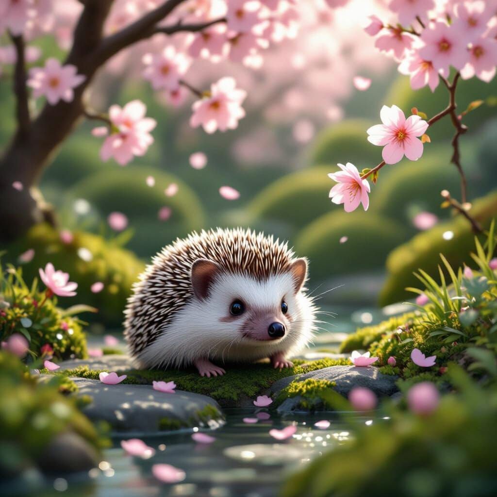 Photorealistic Hedgehog in Serene Japanese Garden