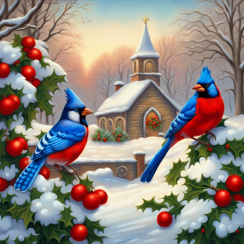 Cardinal and Blue Jay Winter Landscape in Oil