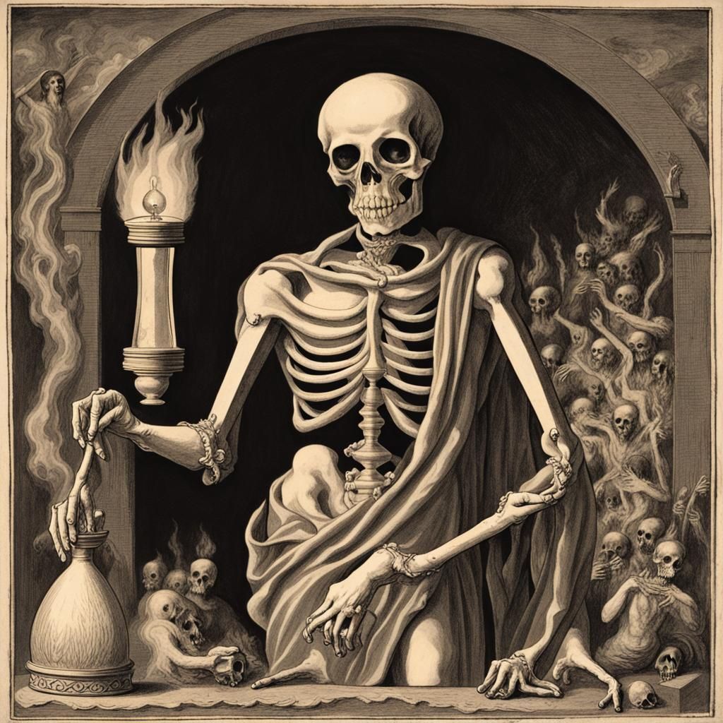 Death Holding Hourglass with Burning Sinners