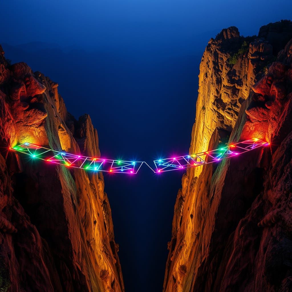 Breathtaking Mountain View with a Broken Glass Bridge Lit by...