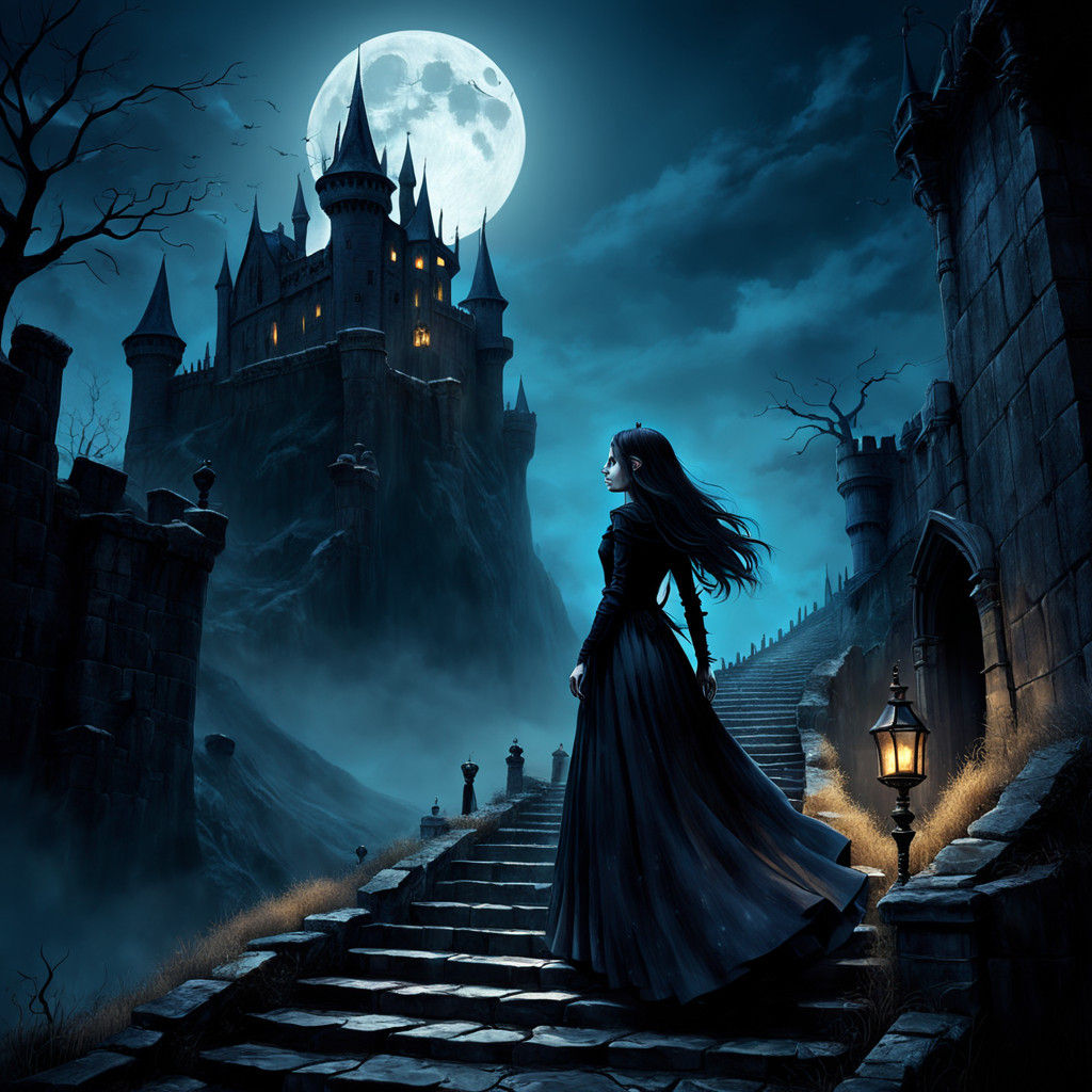 Gothic Dark Witch Under Full Moon