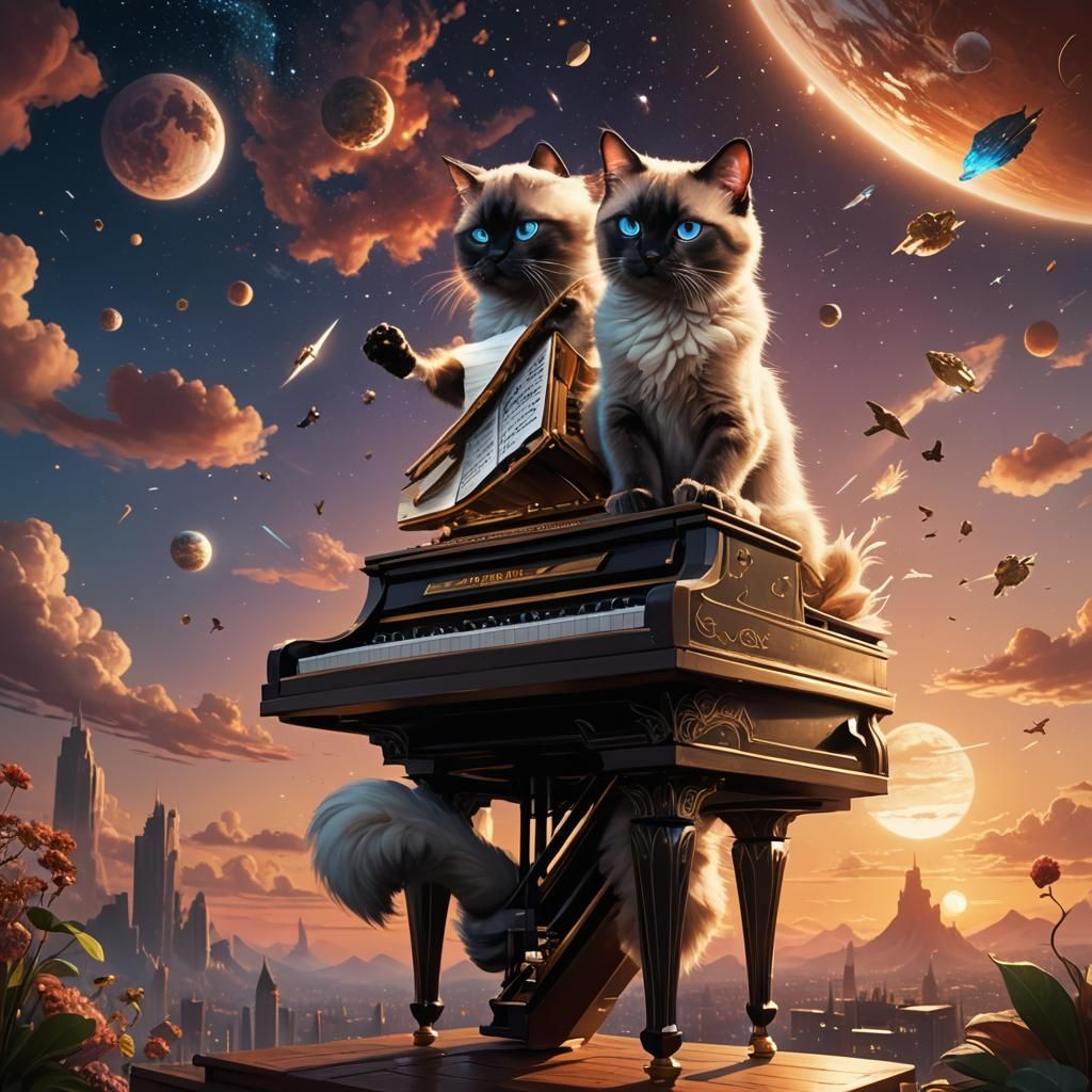 Siamese Cat's Sunset Piano Journey to Space