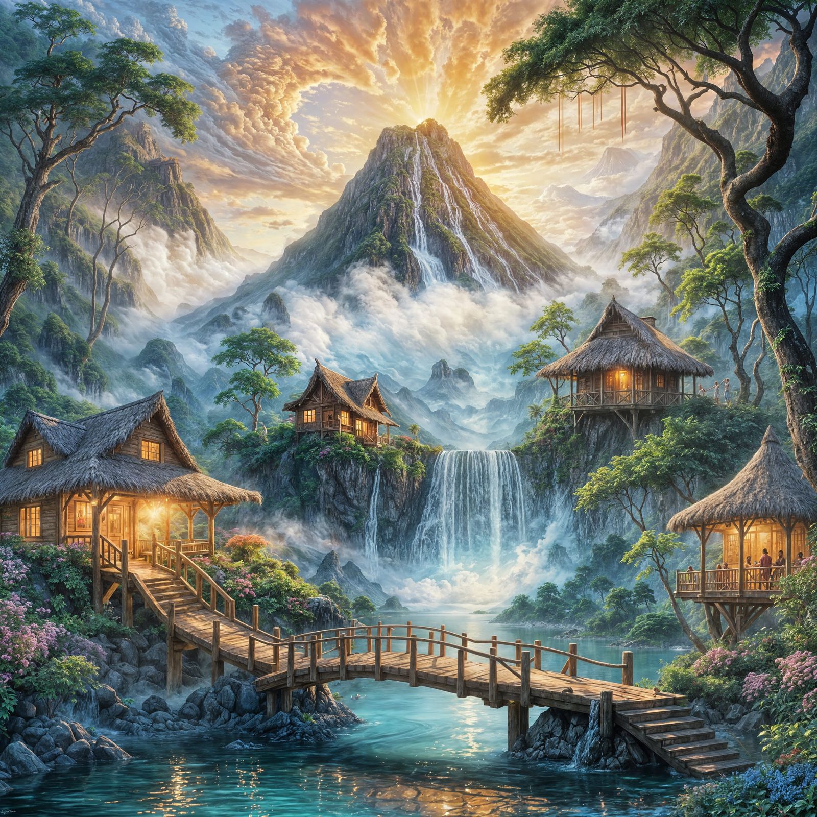 Ethereal Fantasy Island Landscape with Waterfall and Volcano