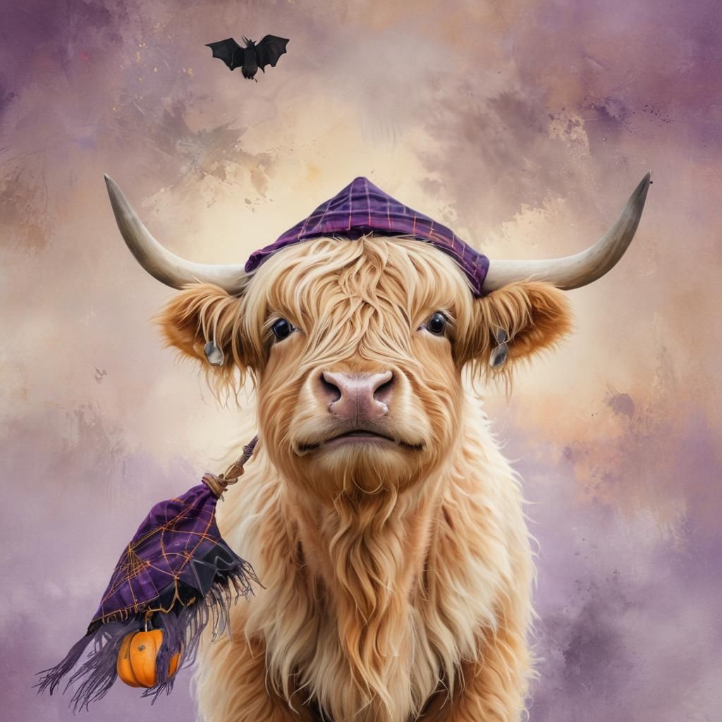 Highland Cow Calf in Witch Hat, Fantasy Art