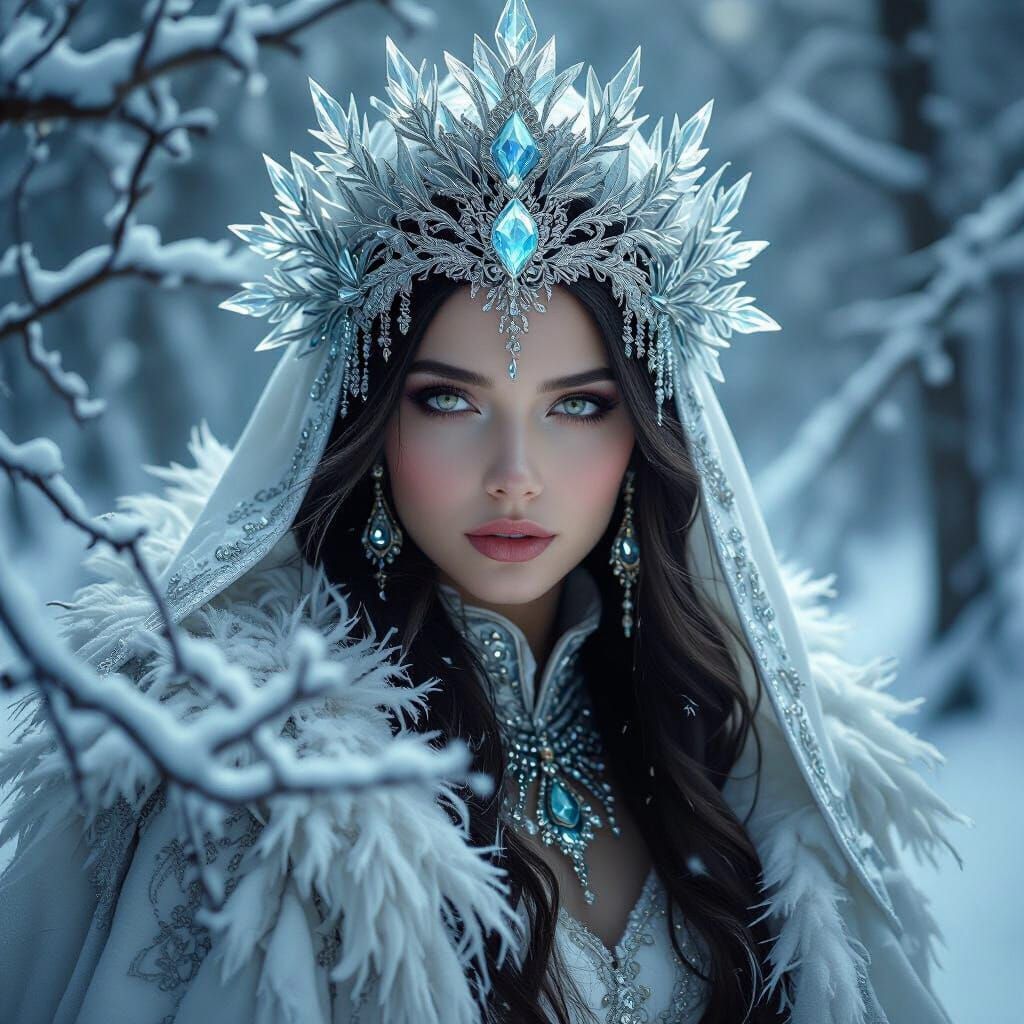 Mysterious Seeress in Snow-Covered Forest, Digital Oil Paint...