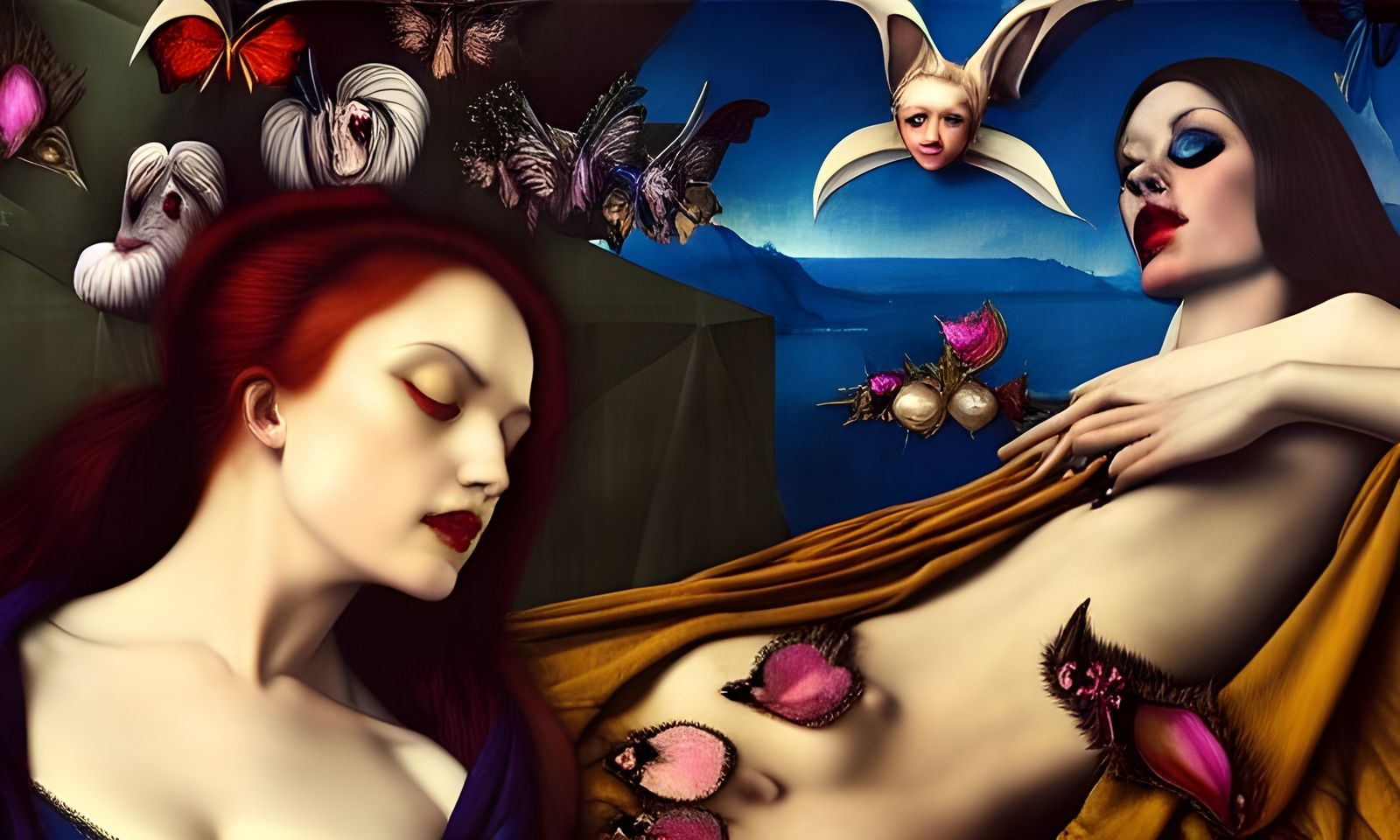 Beautiful Women with Vampire Bats in Hyperrealism
