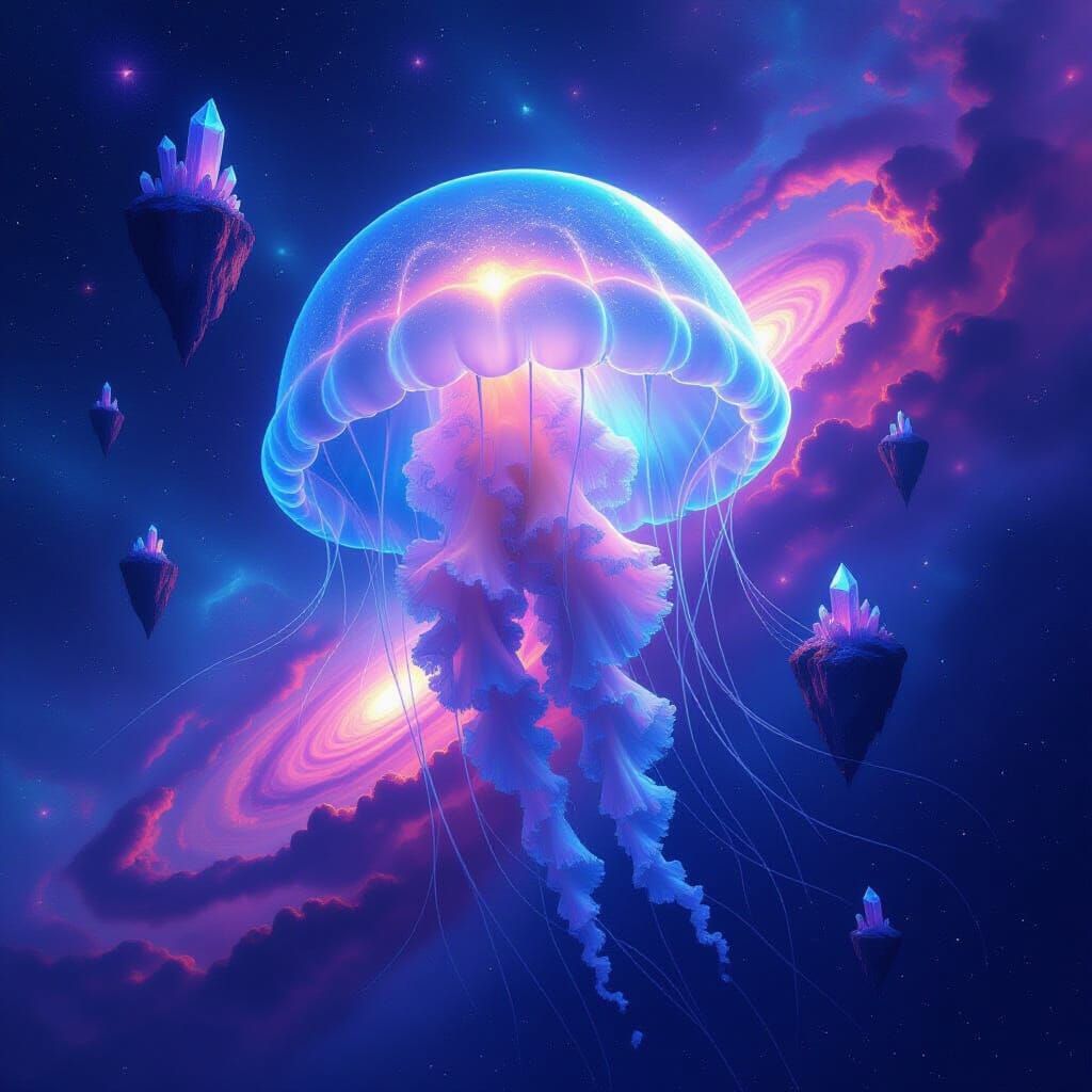 Bioluminescent Jellyfish Drifts Through Cosmic Nebula