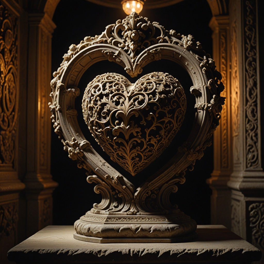 Baroque Stone Heart Sculpture in Renaissance Style