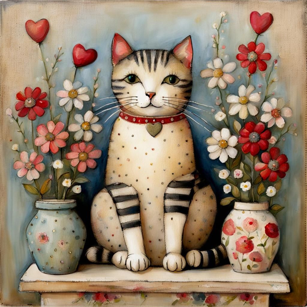 Whimsical Cat on Pillow in Folk Art Style