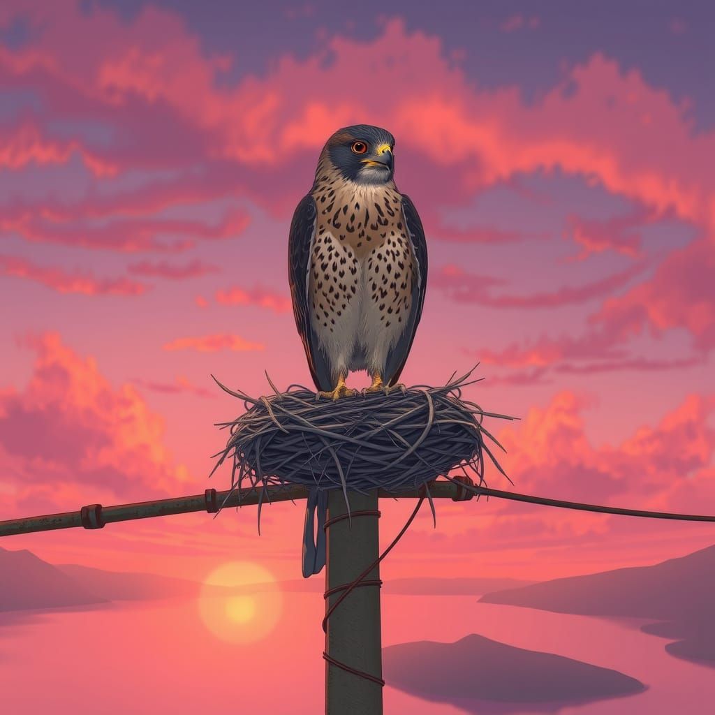 Falcon Nesting Above Lake at Sunset