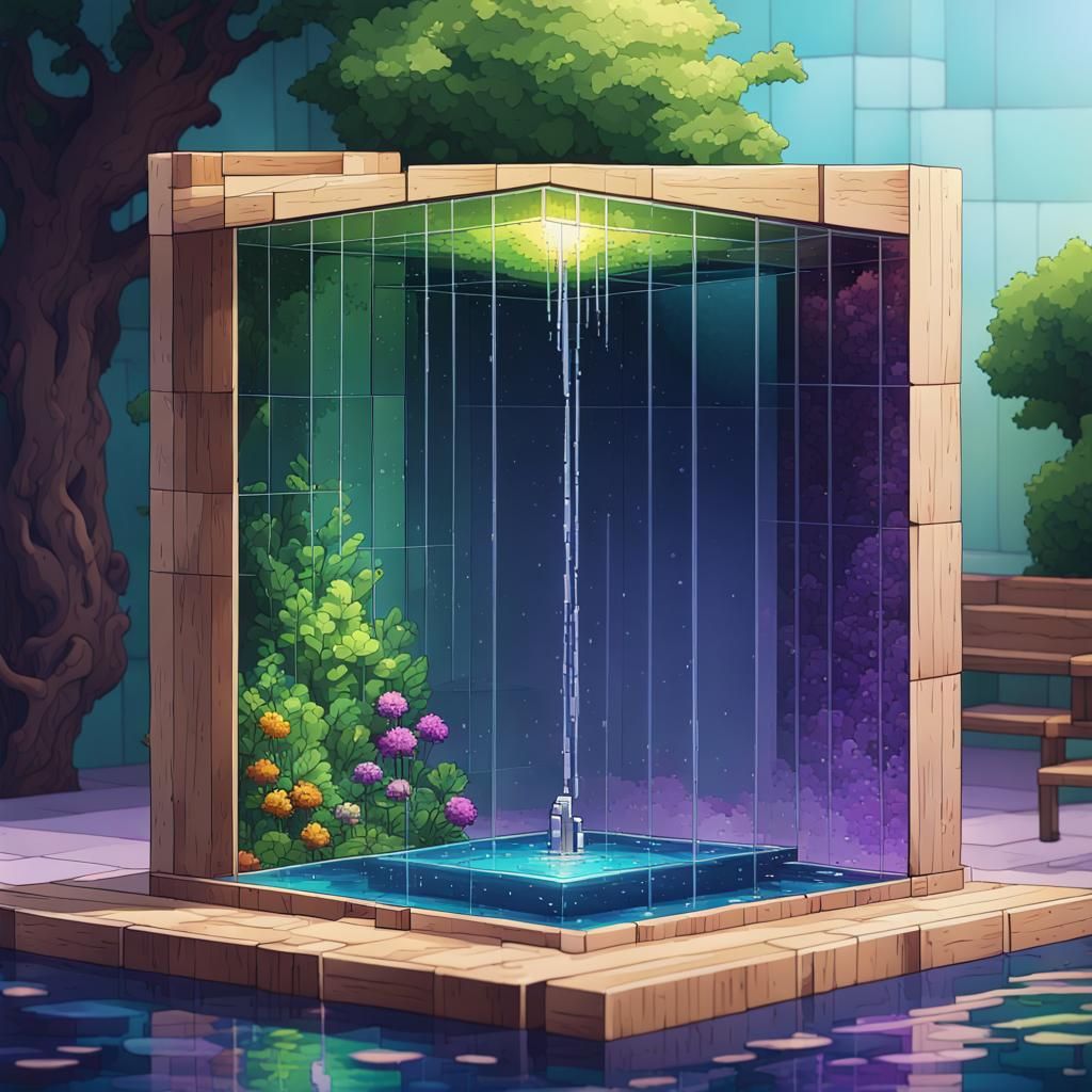 Pixel Art Cube Garden with Fountain
