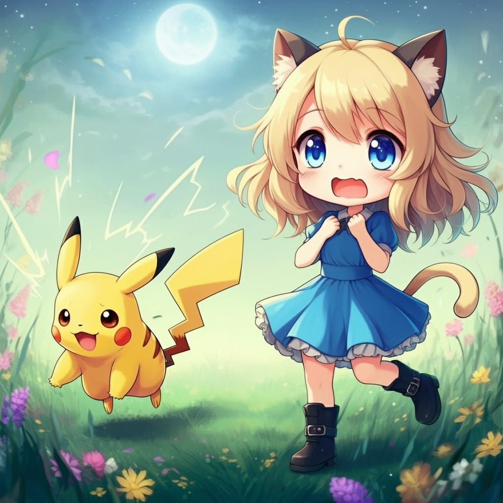 Pikachu Fleeing a Delighted Anime Catgirl Under Vibrant Moon...