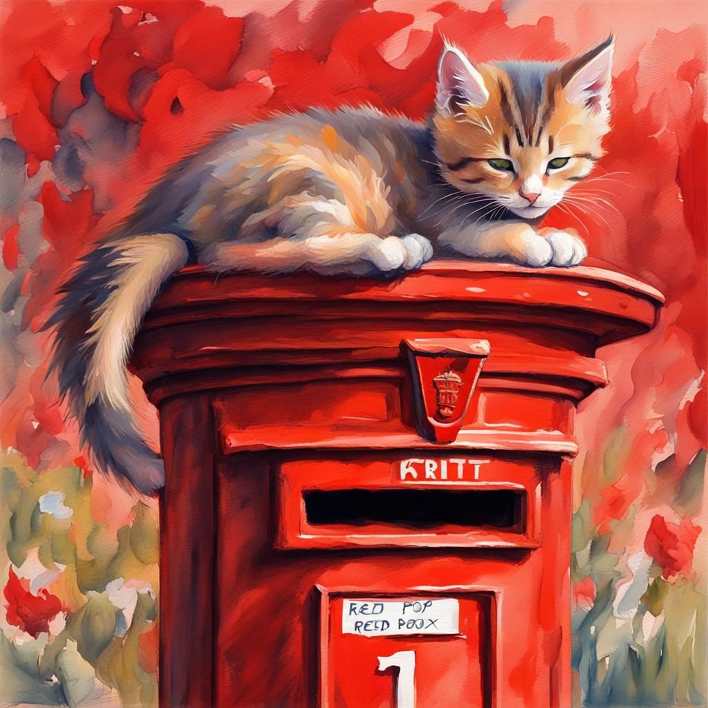 Kitten Sleeps on Postbox in Gouache Style