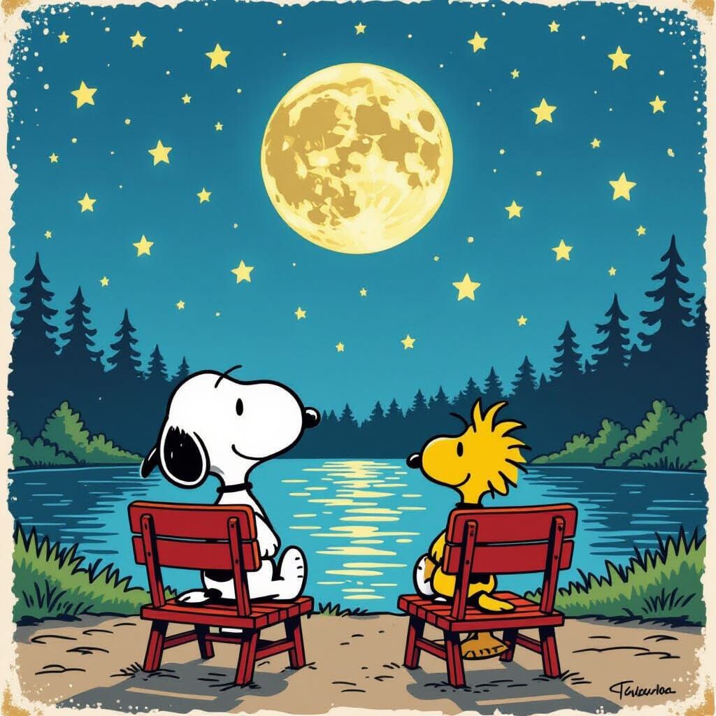 Snoopy and Woodstock Moonlit Lake Scene