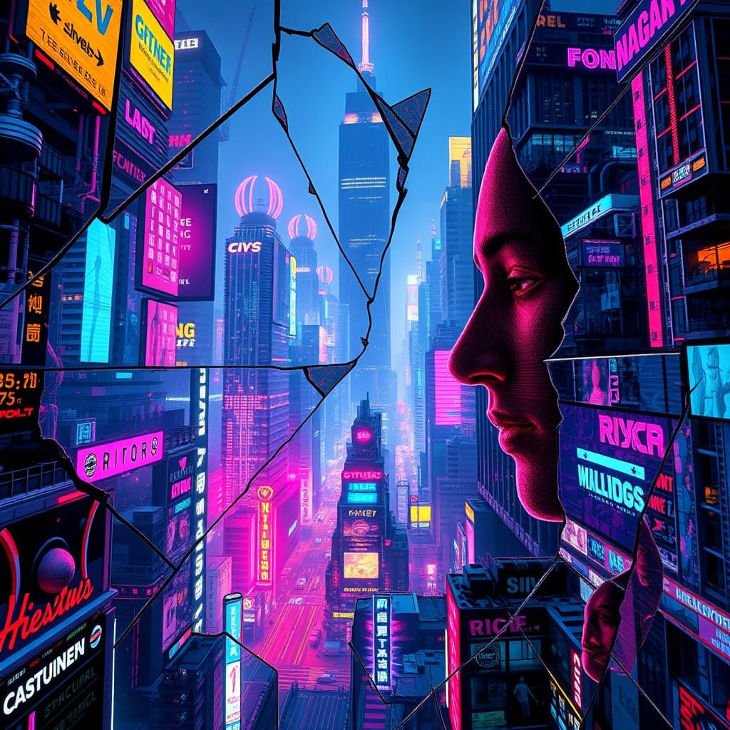 Cyberpunk Cityscape Kaleidoscope in a Shattered Glass Style