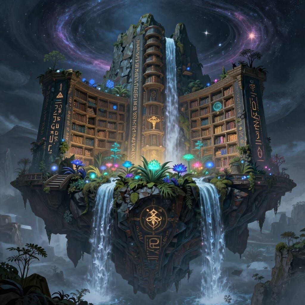 Ancient Floating Library Carved into Mountain with Glowing R...