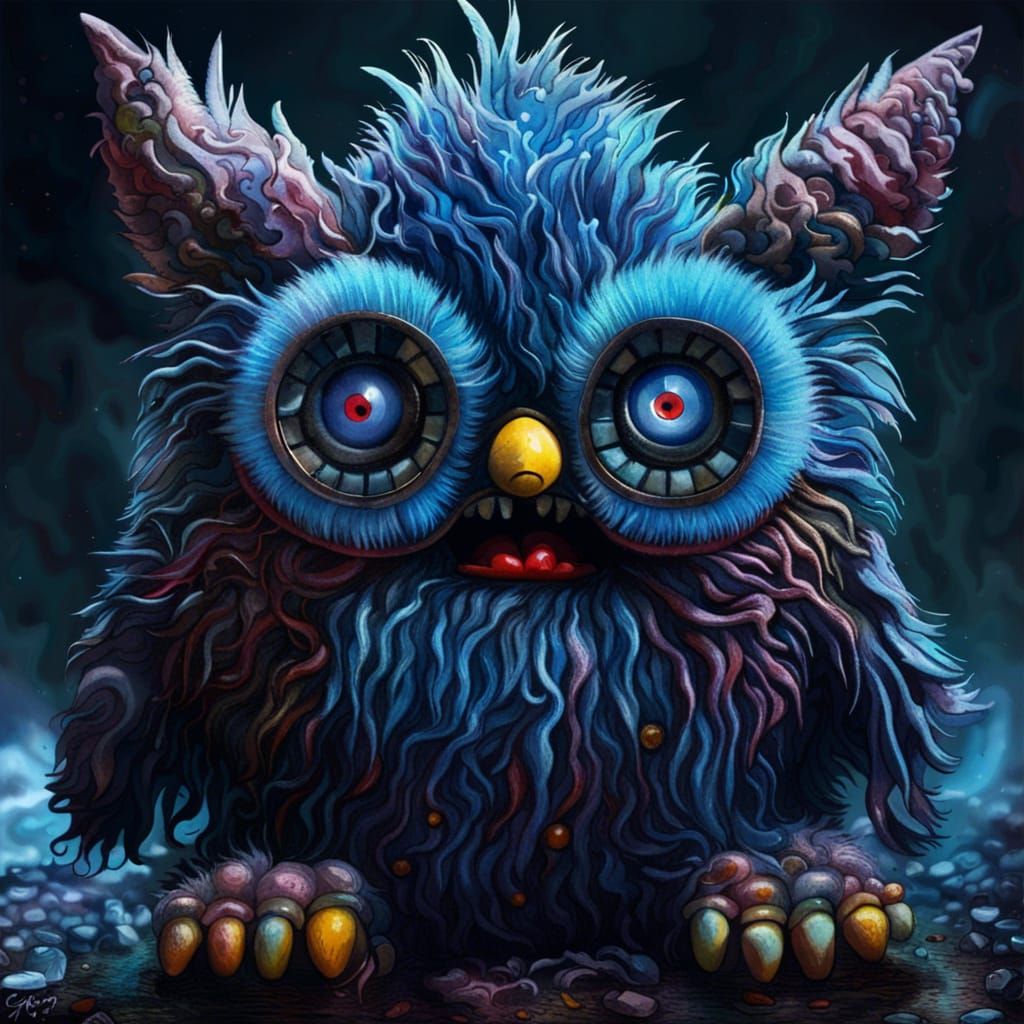 Creepy, Evil Furby toy of the 1990's, blue, haunted, cursed, scary, lots of teeth, intricately detailed, Splash art back...