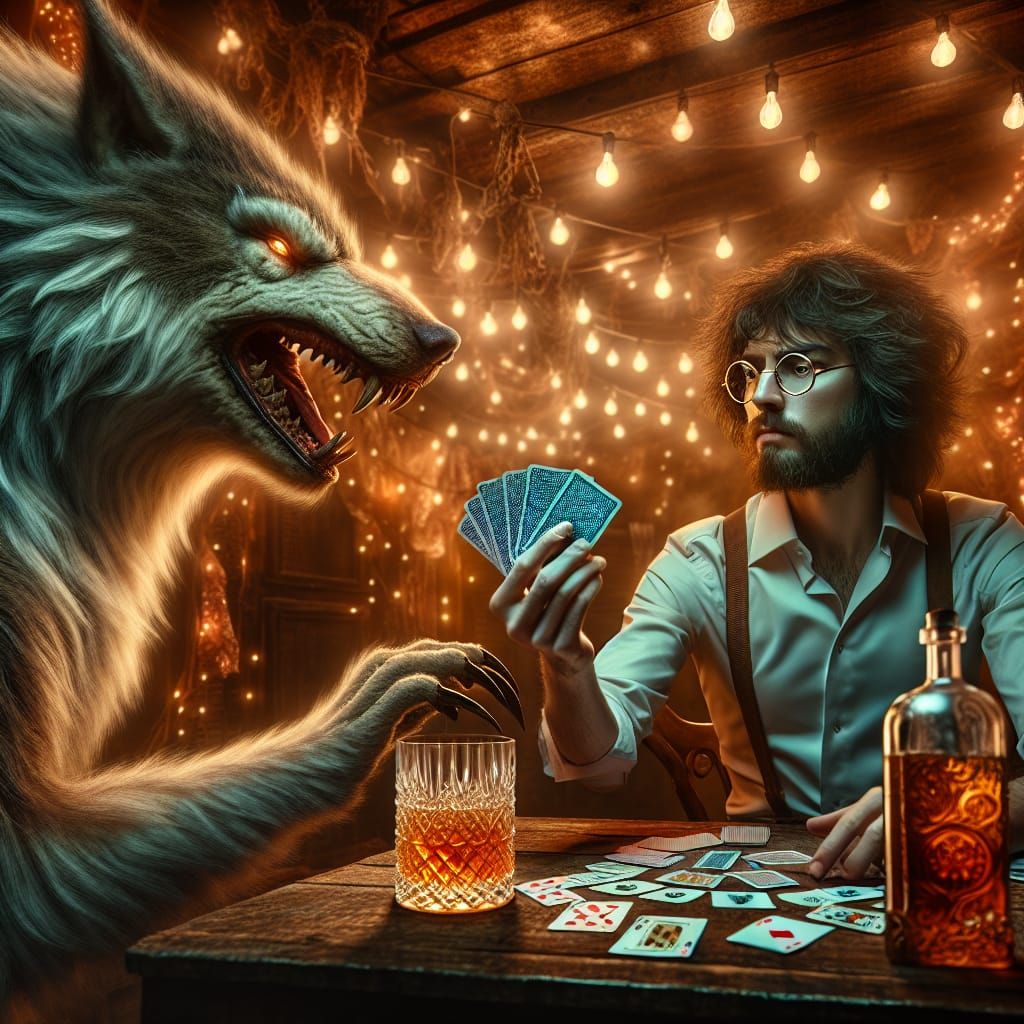 Card Game with Dire Wolf: Cinematic Digital Painting