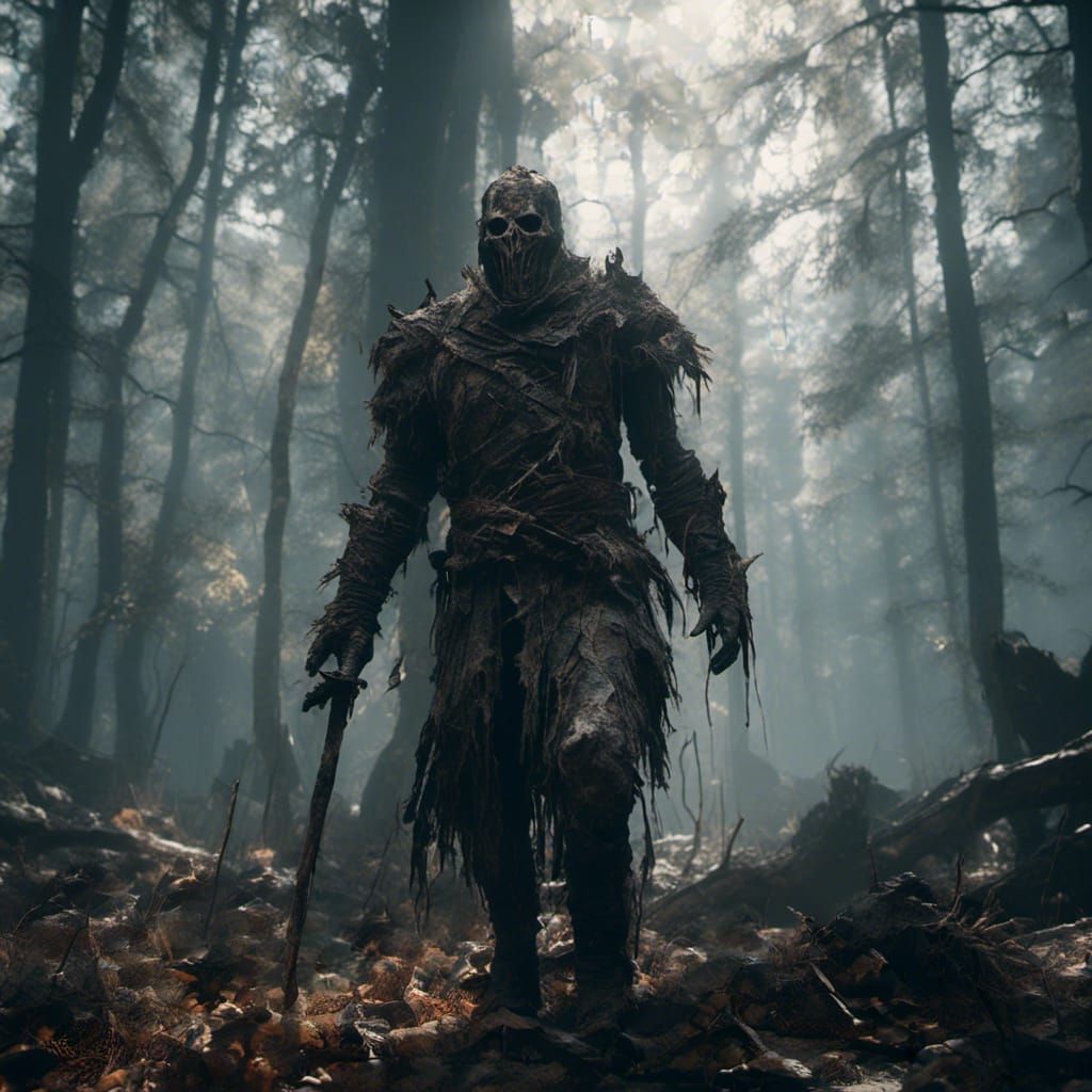 Cursed Forest Knight in 3D Game Cinematic Style